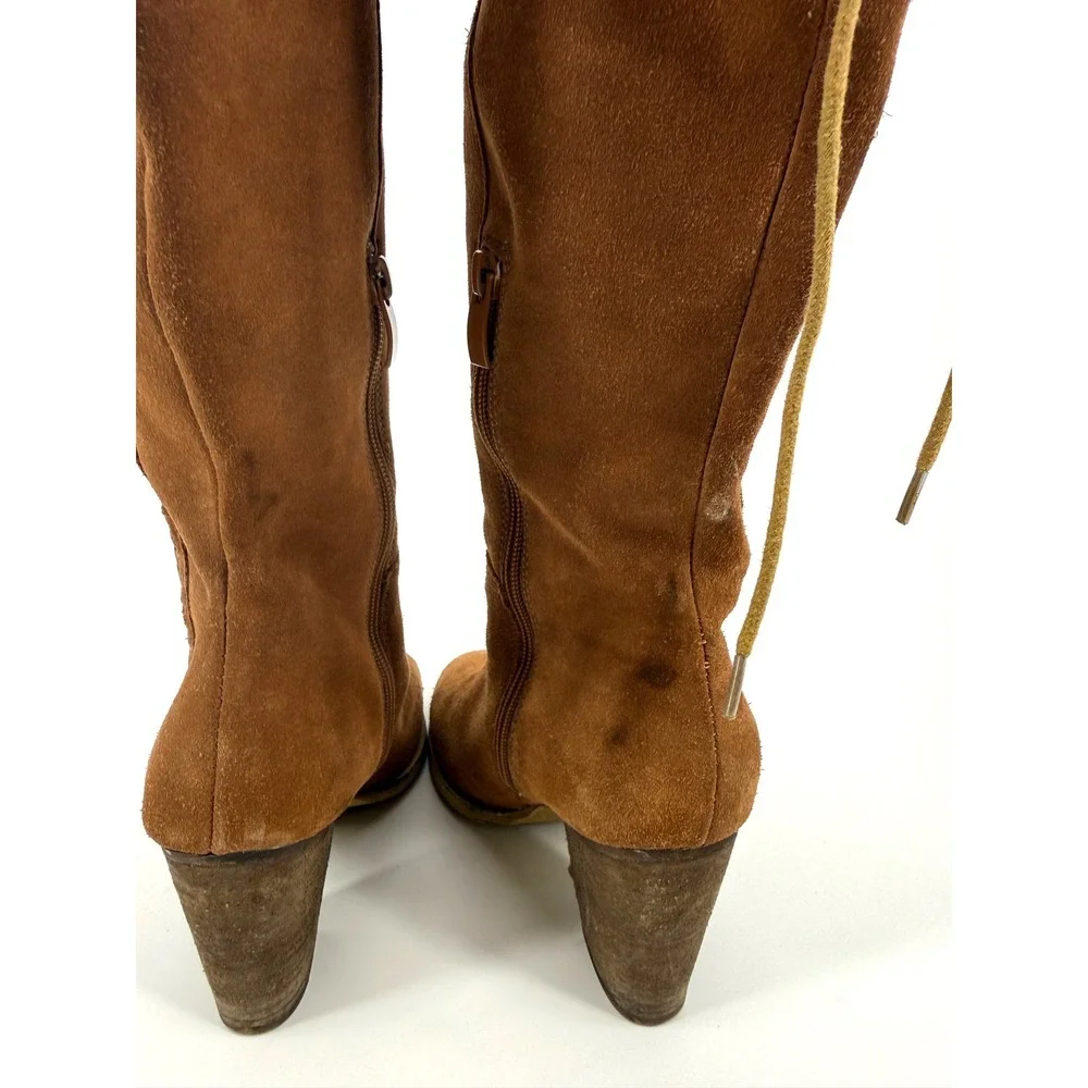 Sbicca 8.5 Gusto Over The Knee Boots Brown Suede Woven Side Lace Up Festival